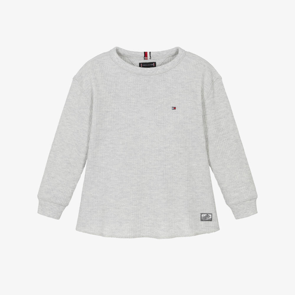 Tommy Hilfiger-Boys Grey Marl Waffle Texture Long Sleeve Top | Childrensalon Outlet