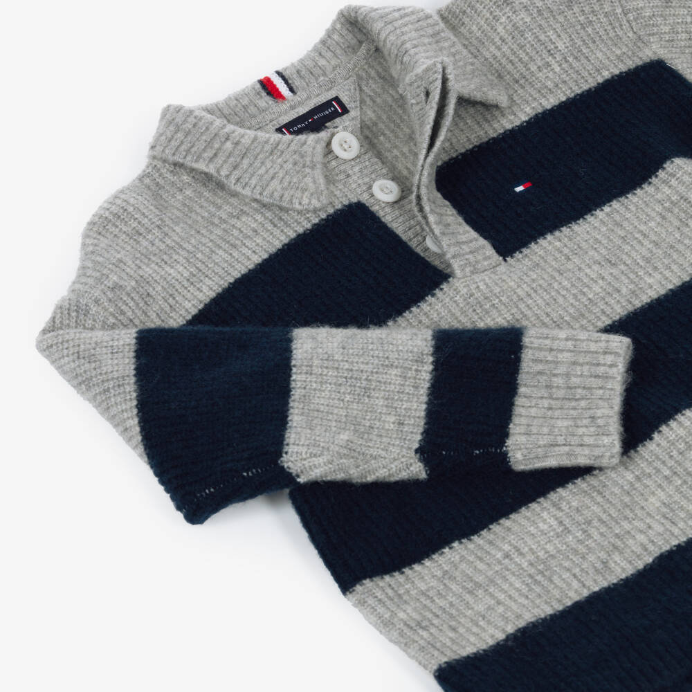 Tommy Hilfiger-Boys Grey & Navy Blue Striped Rugby Sweater | Childrensalon Outlet
