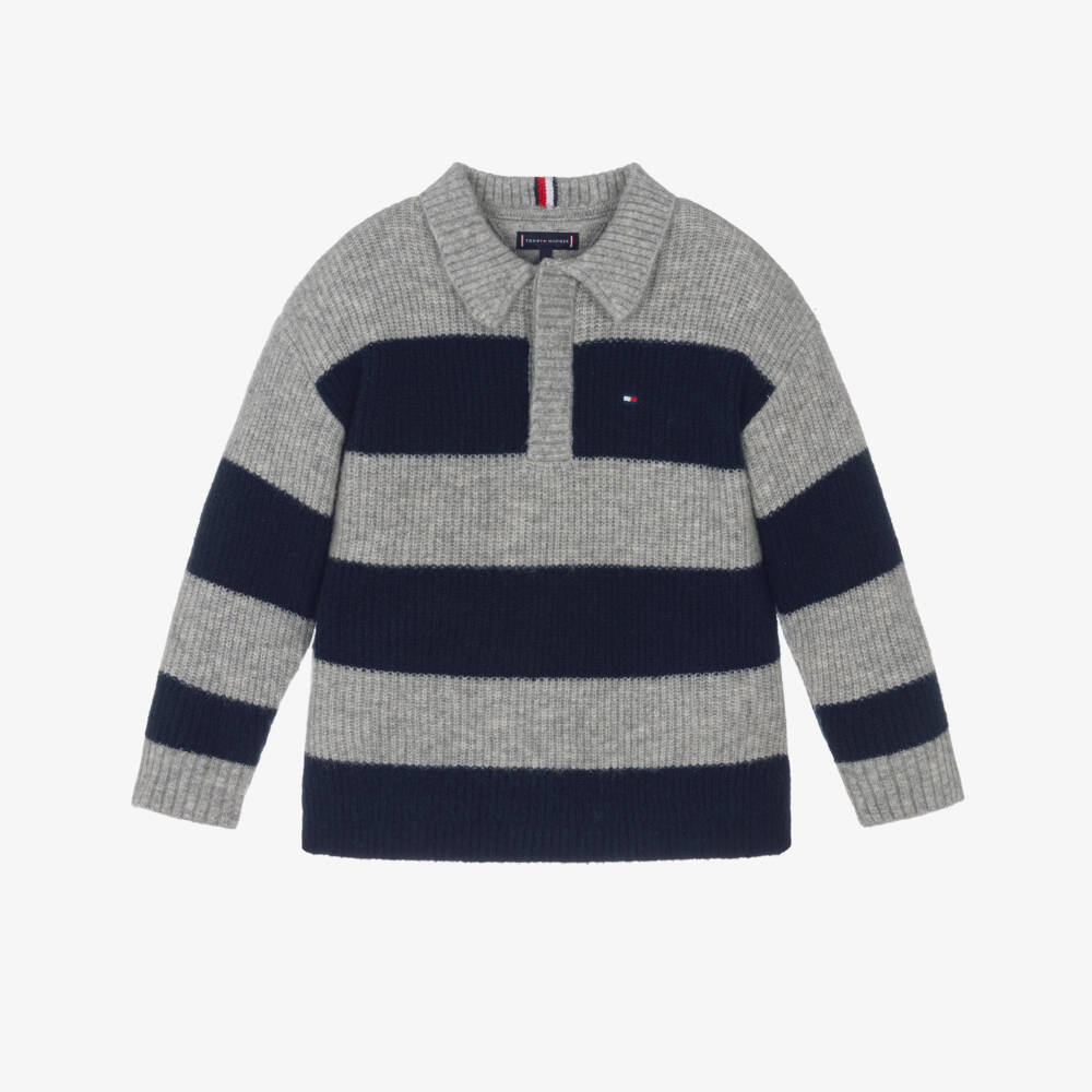 Tommy Hilfiger-Boys Grey & Navy Blue Striped Rugby Sweater | Childrensalon Outlet