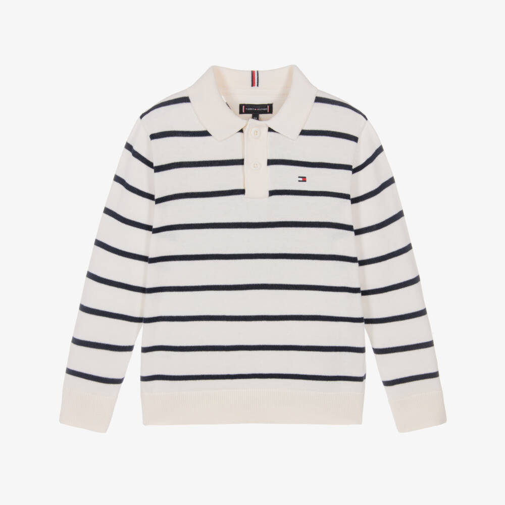 Tommy Hilfiger-Boys Ivory and Navy Blue Striped Cotton Polo Sweater | Childrensalon Outlet
