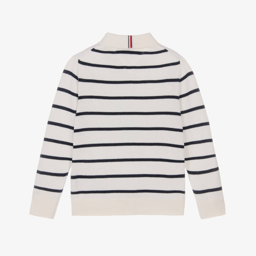 Tommy Hilfiger-Boys Ivory and Navy Blue Striped Cotton Polo Sweater | Childrensalon Outlet