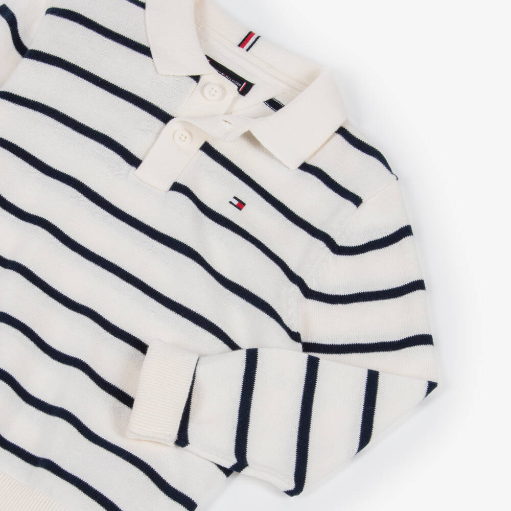 Tommy Hilfiger-Boys Ivory and Navy Blue Striped Cotton Polo Sweater | Childrensalon Outlet