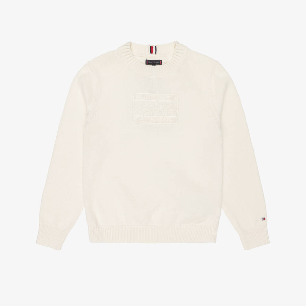 Tommy Hilfiger-Boys Ivory Cotton Knit Logo Jumper | Childrensalon Outlet