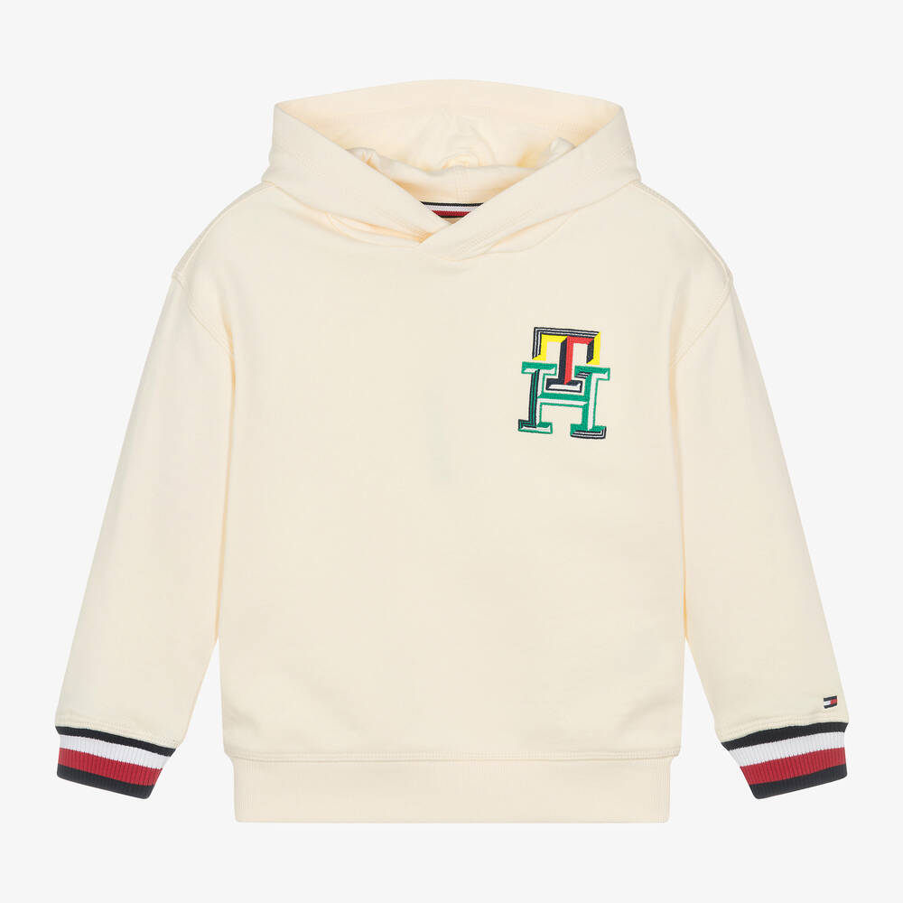 Boys Ivory Cotton Monogram Hoodie