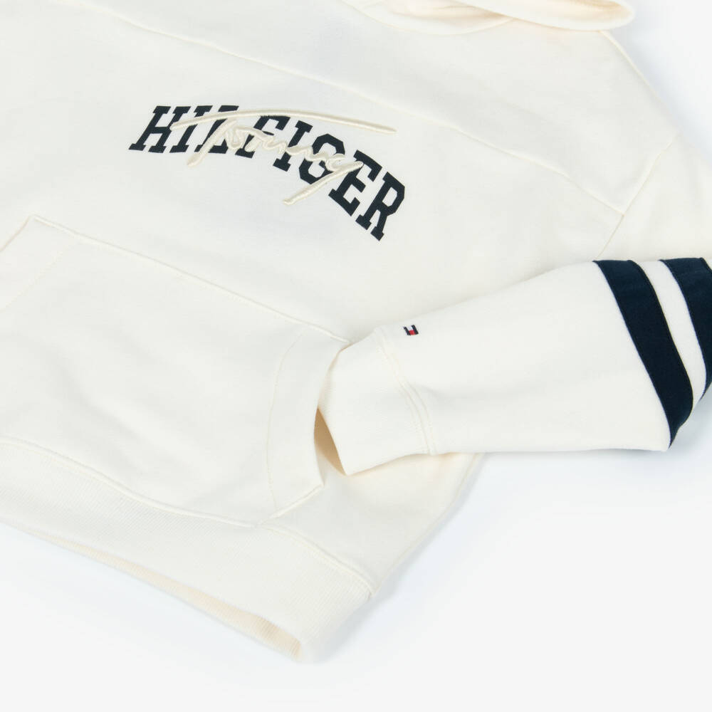 Tommy Hilfiger-Boys Ivory Mixed Logo Cotton Jersey Hoodie | Childrensalon Outlet