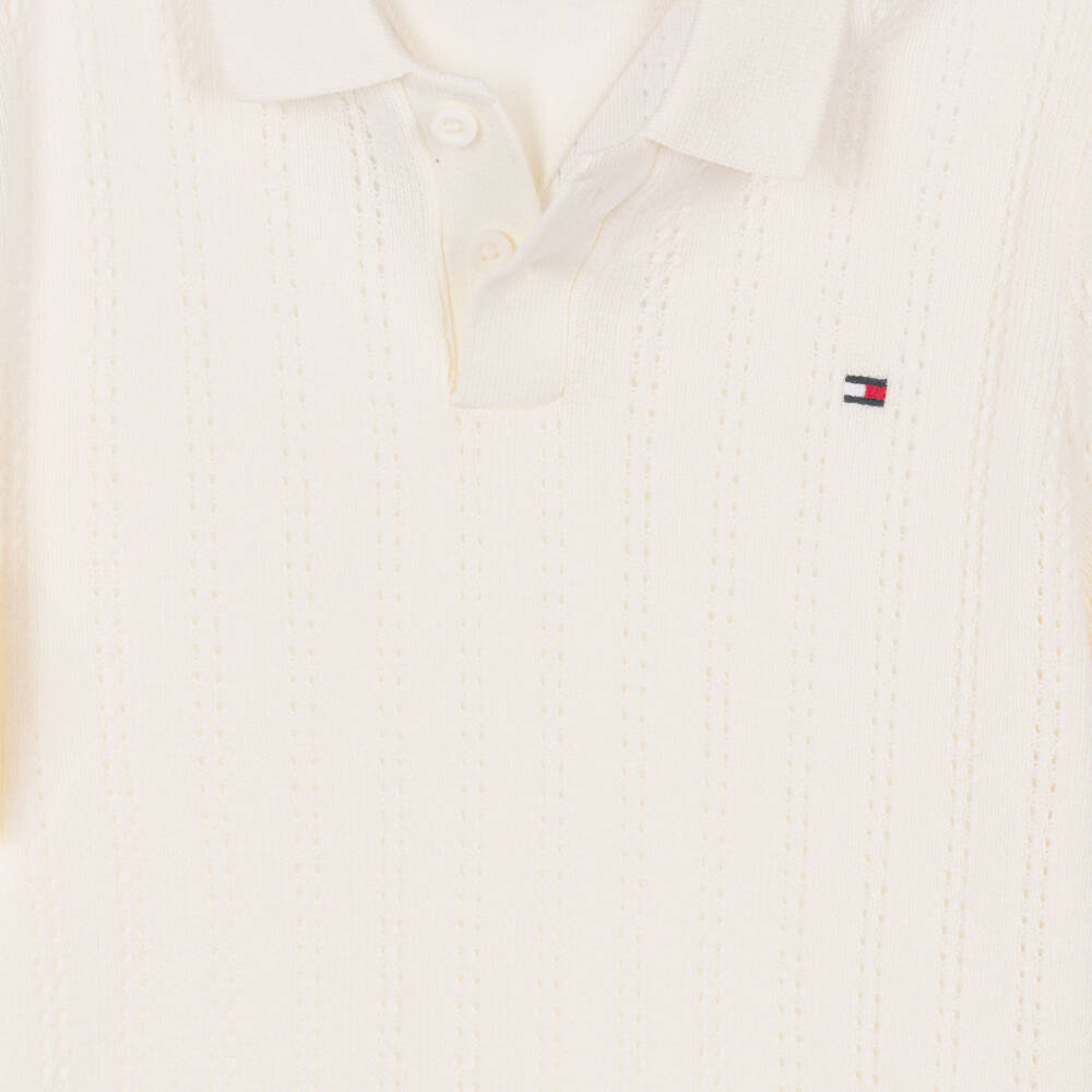 Tommy Hilfiger-Boys Ivory Pointelle Stripe Cotton Polo Shirt | Childrensalon Outlet