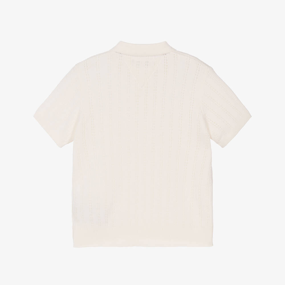 Tommy Hilfiger-Boys Ivory Pointelle Stripe Cotton Polo Shirt | Childrensalon Outlet