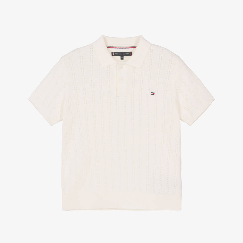 Tommy Hilfiger-Boys Ivory Pointelle Stripe Cotton Polo Shirt | Childrensalon Outlet