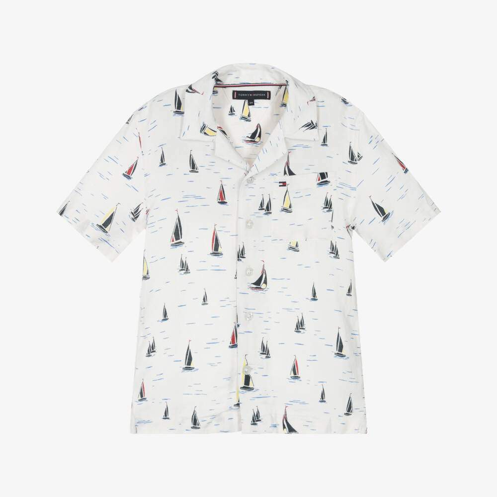 Tommy Hilfiger-قميص بحري عاجي بأكمام قصيرة للأولاد | Childrensalon Outlet