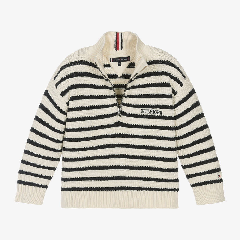 Tommy Hilfiger Boys Ivory Striped Cotton Knit Sweater