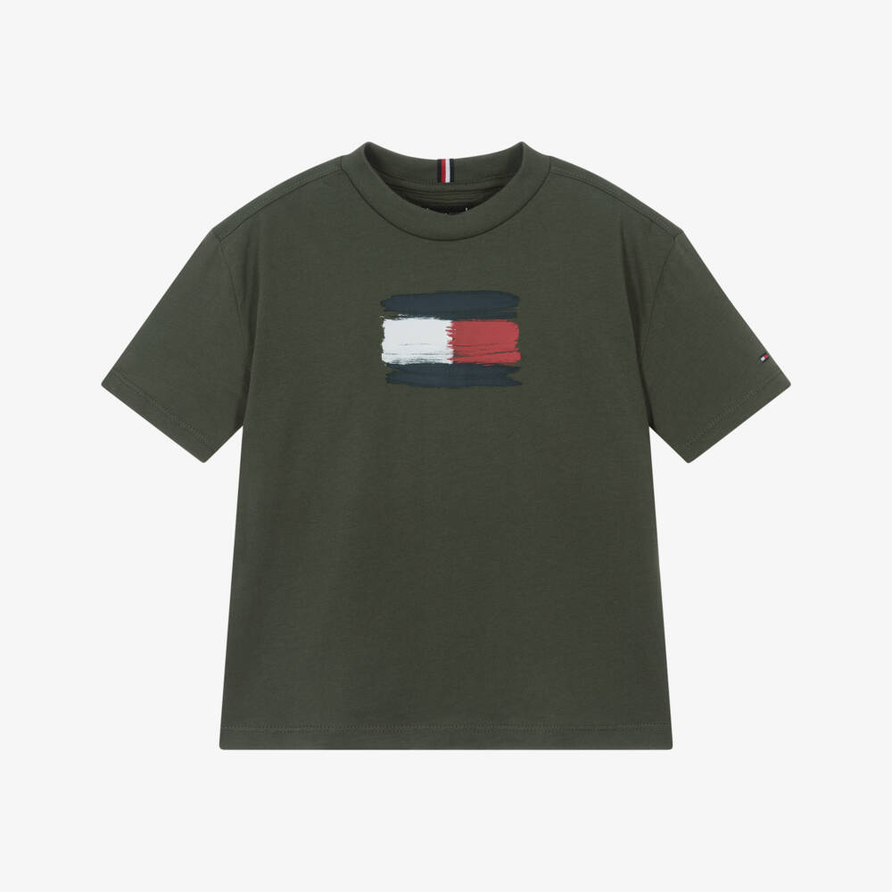 Tommy Hilfiger-Boys Khaki Green Cotton Flag Logo T-Shirt | Childrensalon Outlet