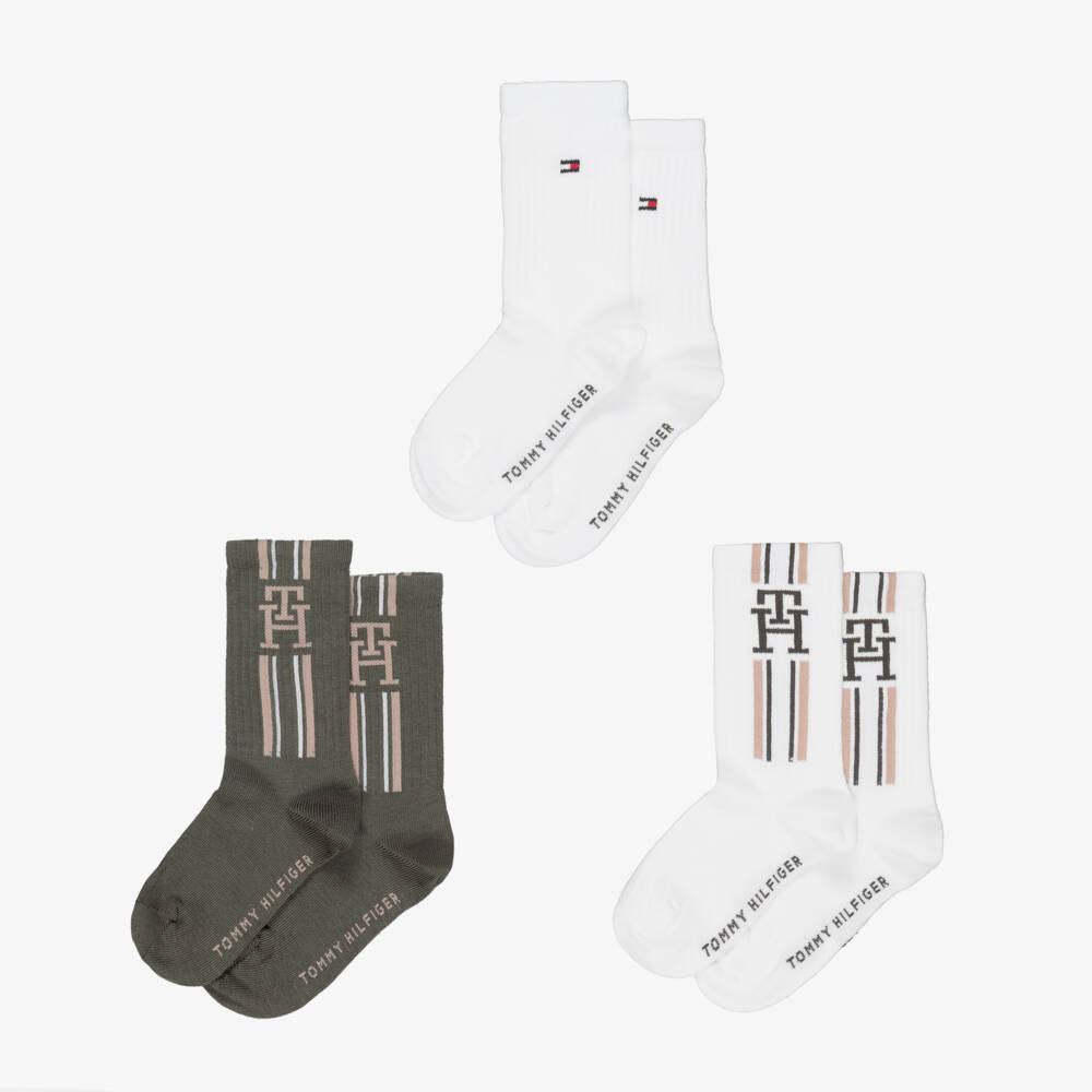 Tommy Hilfiger-Boys Khaki Green & White Logo Ankle Socks (3 Pack) | Childrensalon Outlet