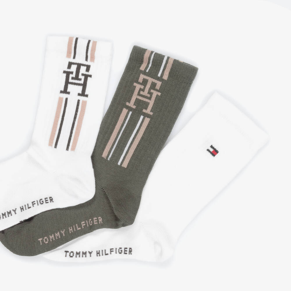 Tommy Hilfiger-Boys Khaki Green & White Logo Ankle Socks (3 Pack) | Childrensalon Outlet