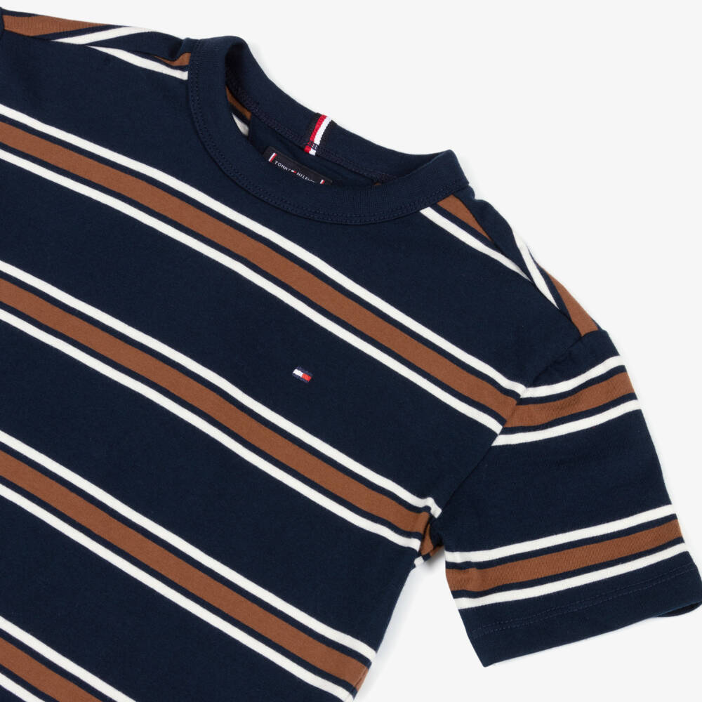 Tommy Hilfiger-Boys Navy Blue & Brown Stripe Cotton Jersey T-Shirt | Childrensalon Outlet