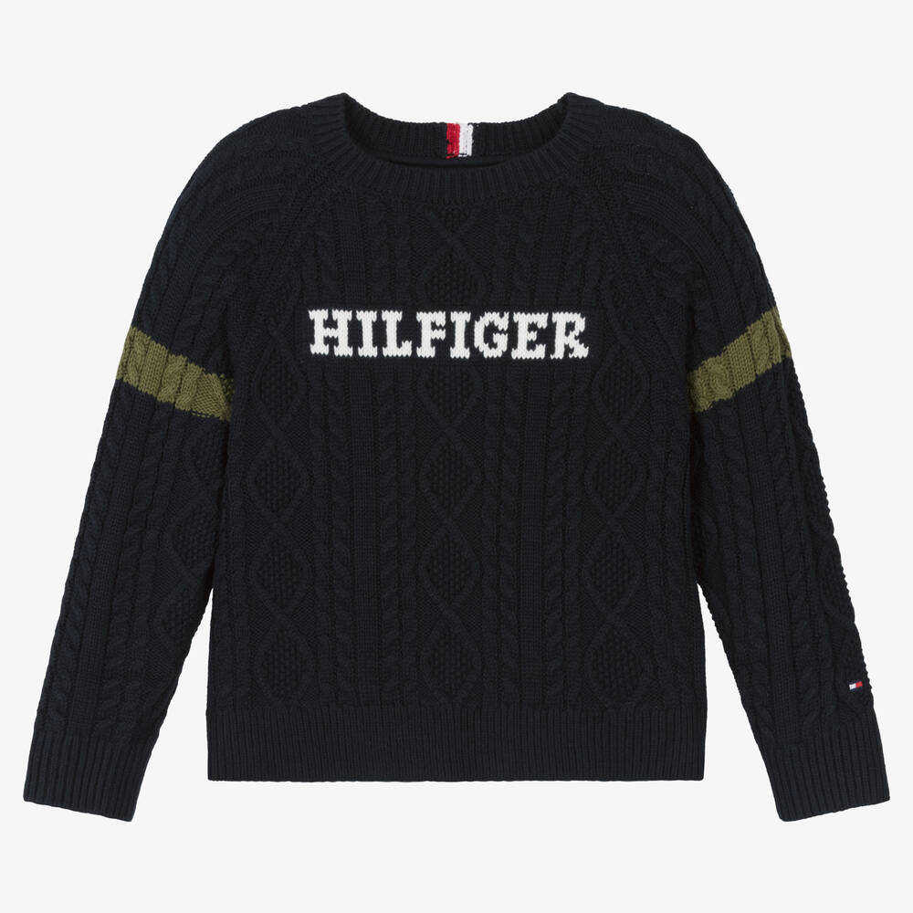 Tommy Hilfiger - بلوفر مزيج قطن عضوي محبوك لون كحلي للأولاد | Childrensalon