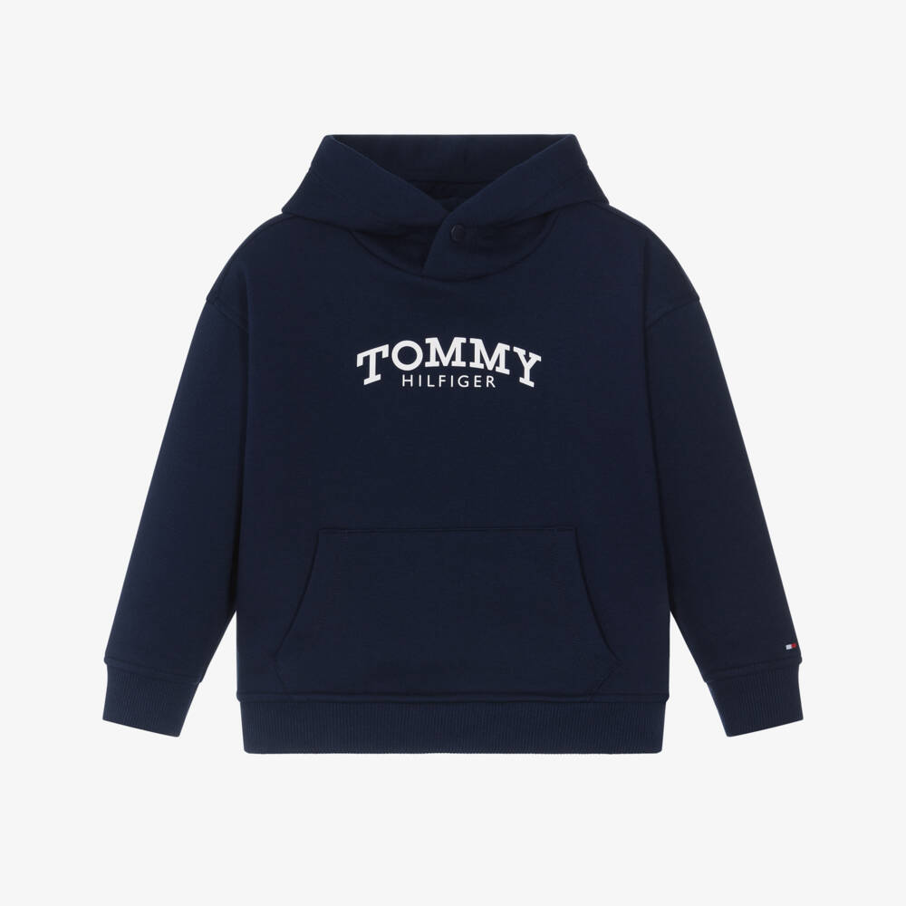 Tommy Hilfiger-Boys Navy Blue Cotton Hoodie with Arched Logo | Childrensalon Outlet