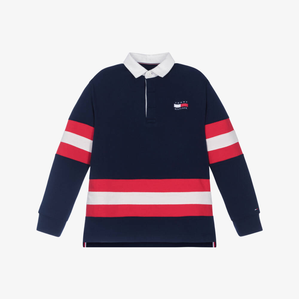 Tommy Hilfiger-Boys Navy Blue Cotton Rugby Shirt with Striped Trim | Childrensalon Outlet