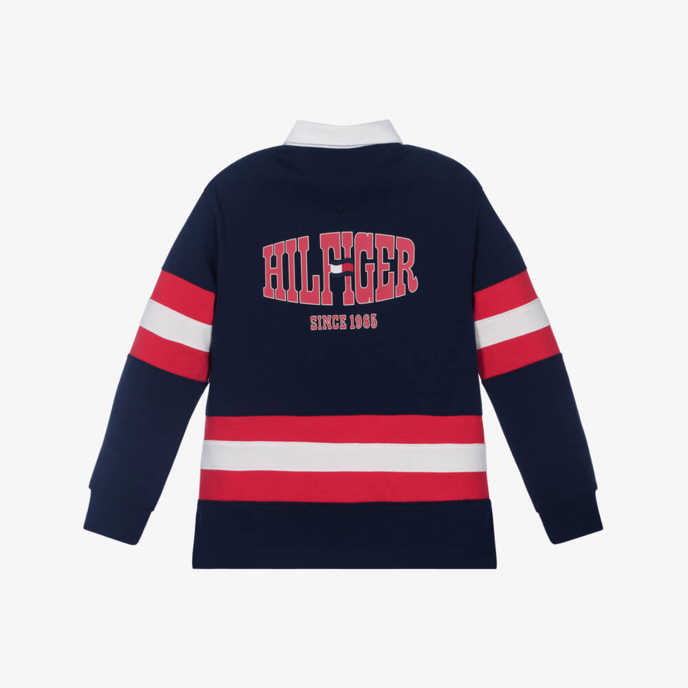 Tommy Hilfiger-Boys Navy Blue Cotton Rugby Shirt with Striped Trim | Childrensalon Outlet