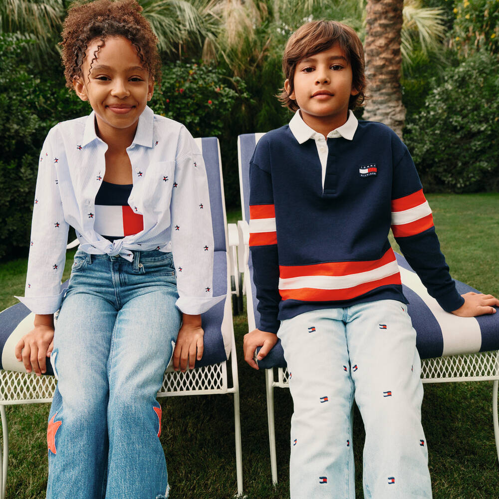 Tommy Hilfiger-Boys Navy Blue Cotton Rugby Shirt with Striped Trim | Childrensalon Outlet