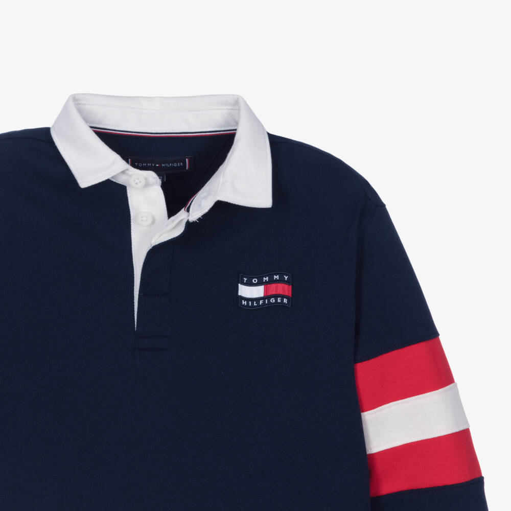 Tommy Hilfiger-Boys Navy Blue Cotton Rugby Shirt with Striped Trim | Childrensalon Outlet