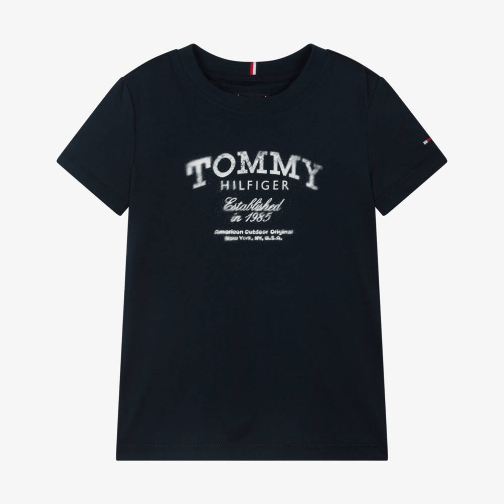 Tommy Hilfiger-Boys Navy Blue Cotton T-Shirt with Faded Logo Print | Childrensalon Outlet