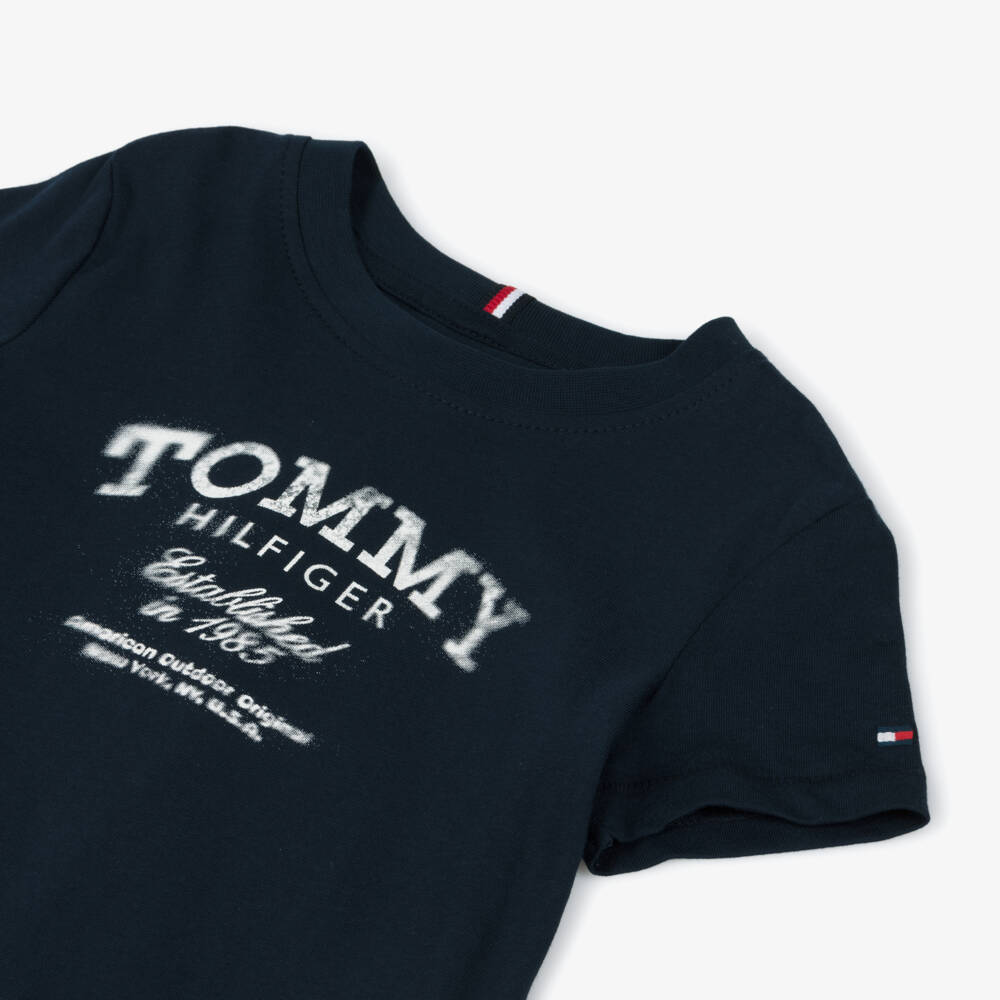 Tommy Hilfiger-Boys Navy Blue Cotton T-Shirt with Faded Logo Print | Childrensalon Outlet