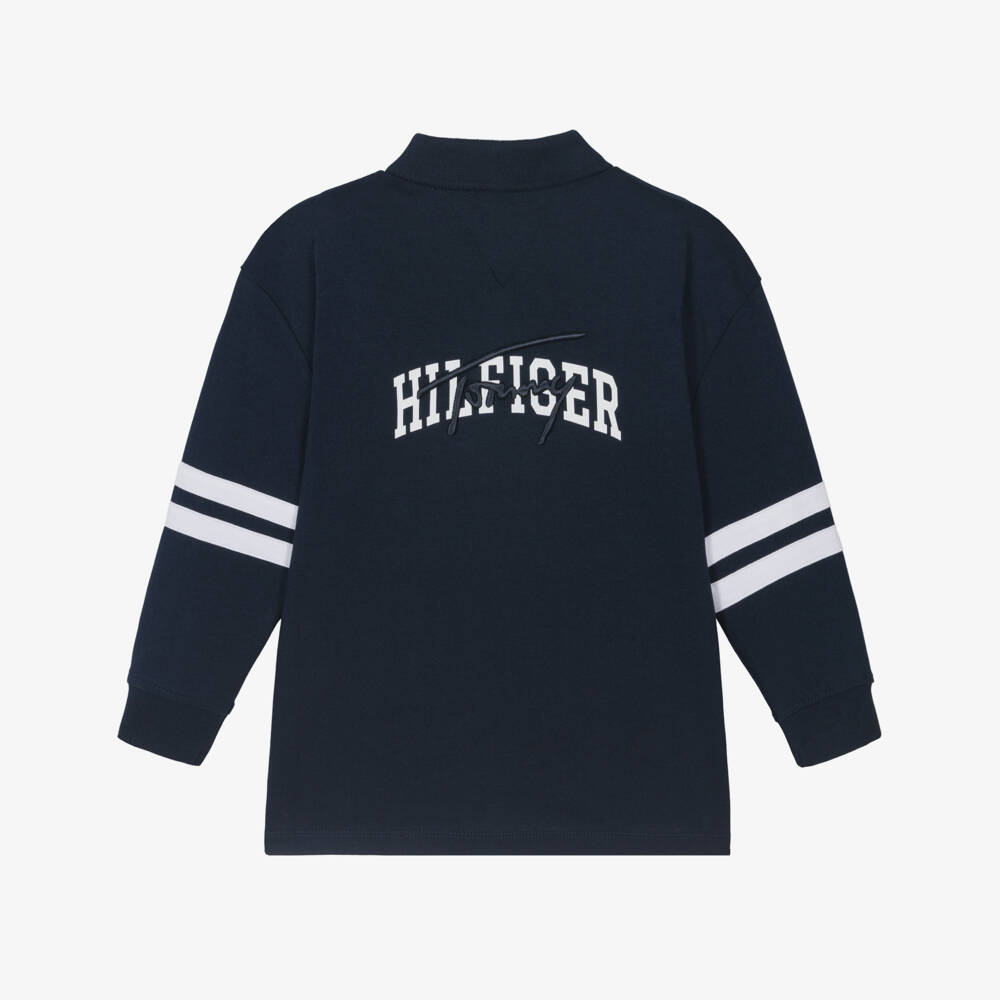 Tommy Hilfiger-Boys Navy Blue Jersey Polo Shirt with Stripes | Childrensalon Outlet