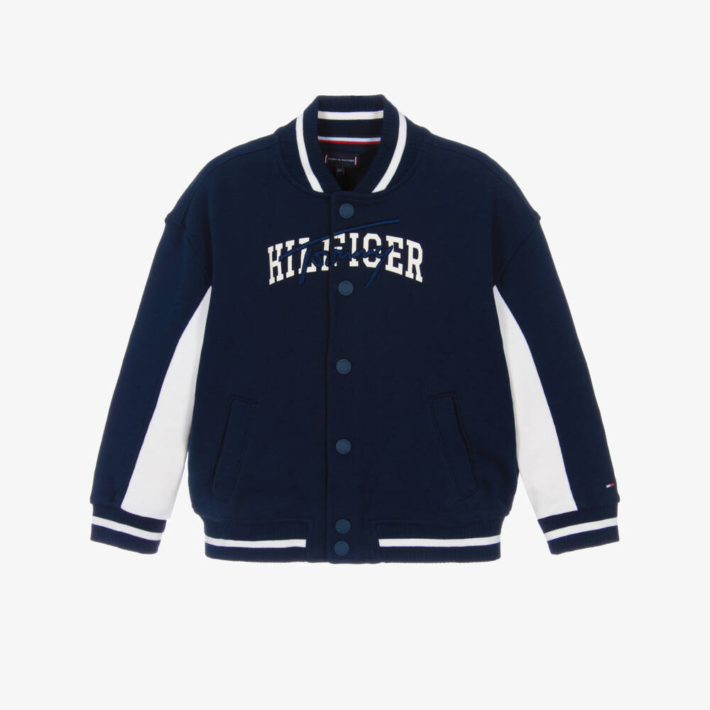 Tommy Hilfiger-Boys Navy Blue Mixed Logo Cotton Jersey Bomber Jacket | Childrensalon Outlet