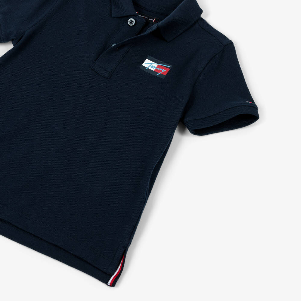 Tommy Hilfiger-Boys Navy Blue Piqué Polo Shirt with Signature Logo | Childrensalon Outlet
