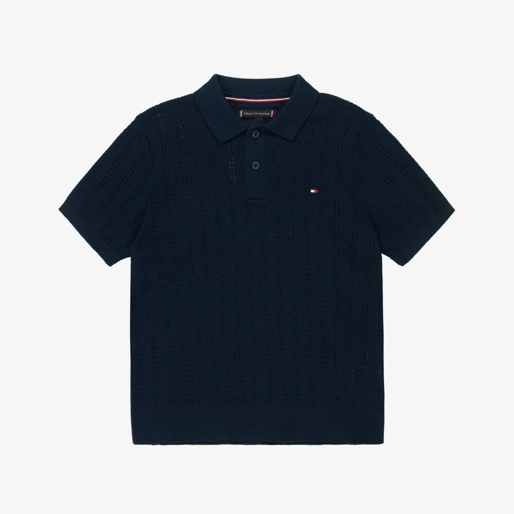 Tommy Hilfiger-Boys Navy Blue Pointelle Stripe Cotton Polo Shirt | Childrensalon Outlet