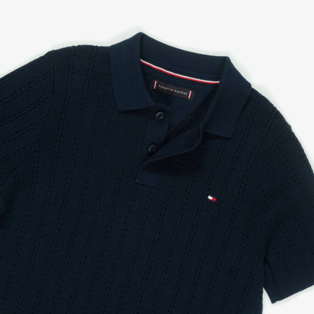 Tommy Hilfiger-Boys Navy Blue Pointelle Stripe Cotton Polo Shirt | Childrensalon Outlet