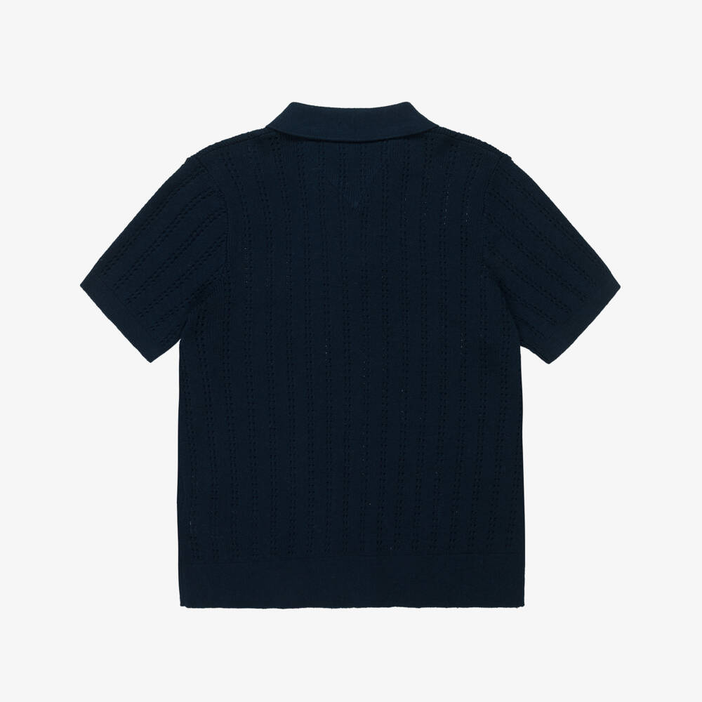 Tommy Hilfiger-Boys Navy Blue Pointelle Stripe Cotton Polo Shirt | Childrensalon Outlet