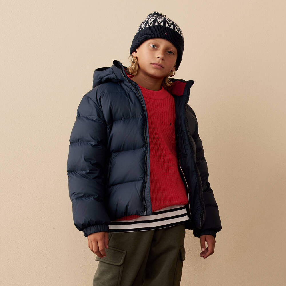 Tommy Hilfiger-Boys Navy Blue Puffer Jacket with Detachable Hood | Childrensalon Outlet
