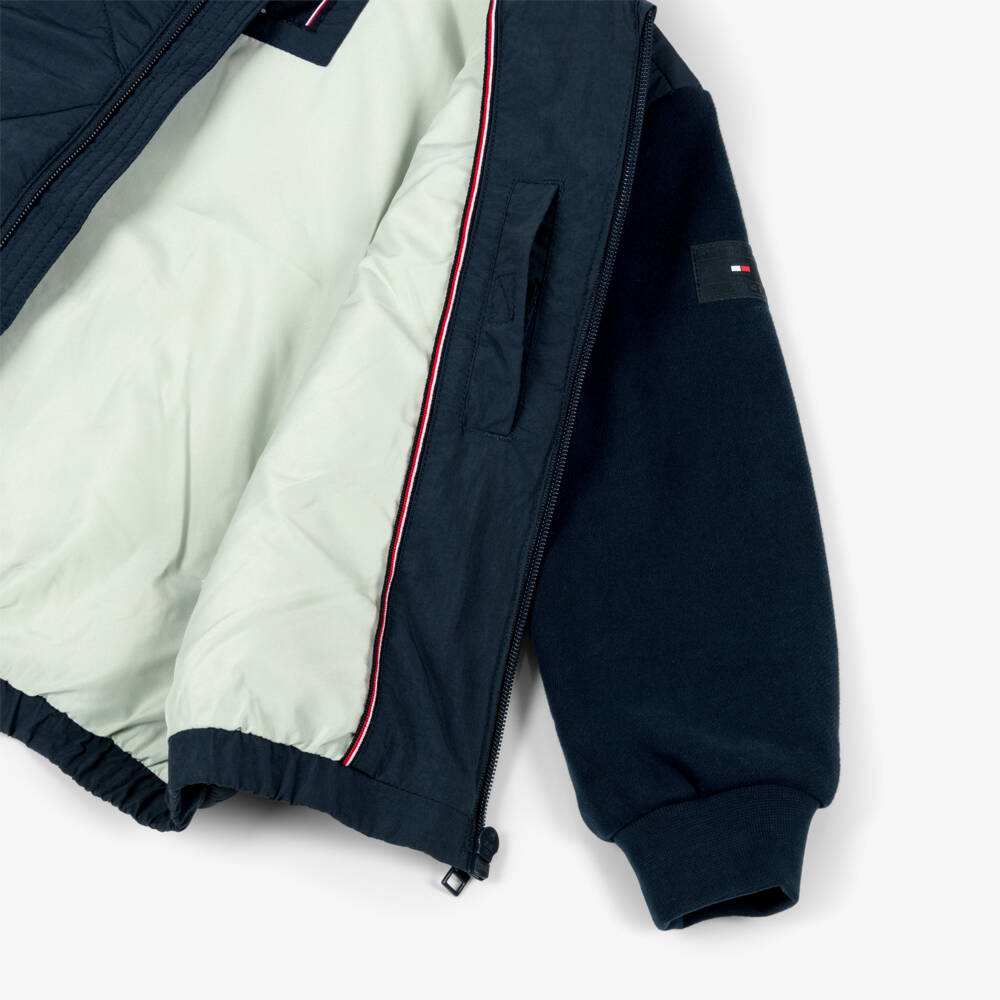 Tommy Hilfiger-Boys Navy Blue Quilted Jacket with Jersey Hood & Sleeves | Childrensalon Outlet