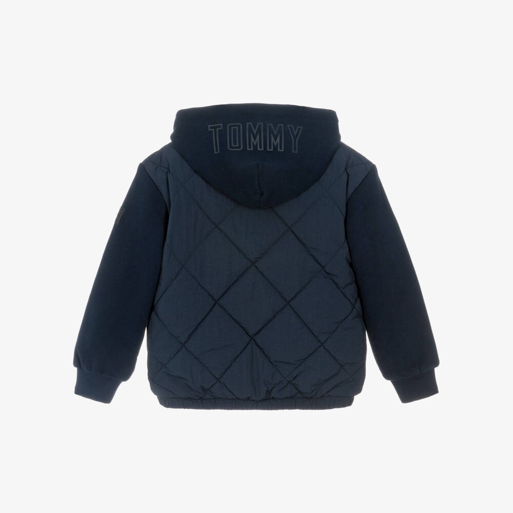 Tommy Hilfiger-Boys Navy Blue Quilted Jacket with Jersey Hood & Sleeves | Childrensalon Outlet
