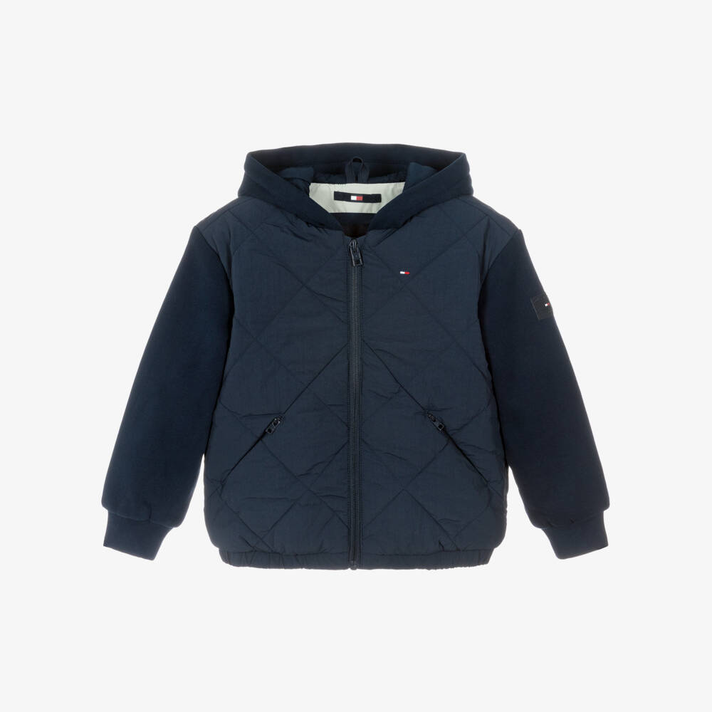 Tommy Hilfiger-Boys Navy Blue Quilted Jacket with Jersey Hood & Sleeves | Childrensalon Outlet