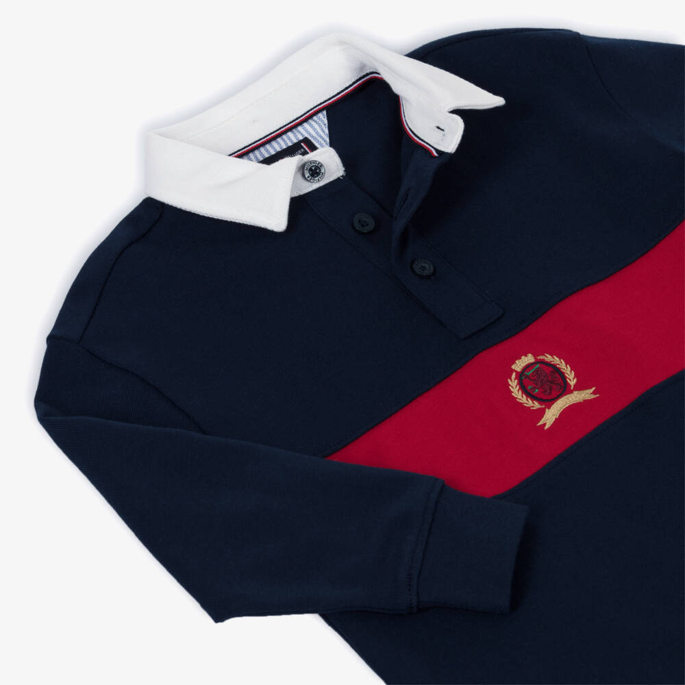 Tommy Hilfiger-Boys Navy Blue & Red Cotton Polo Shirt with Crest Logo | Childrensalon Outlet