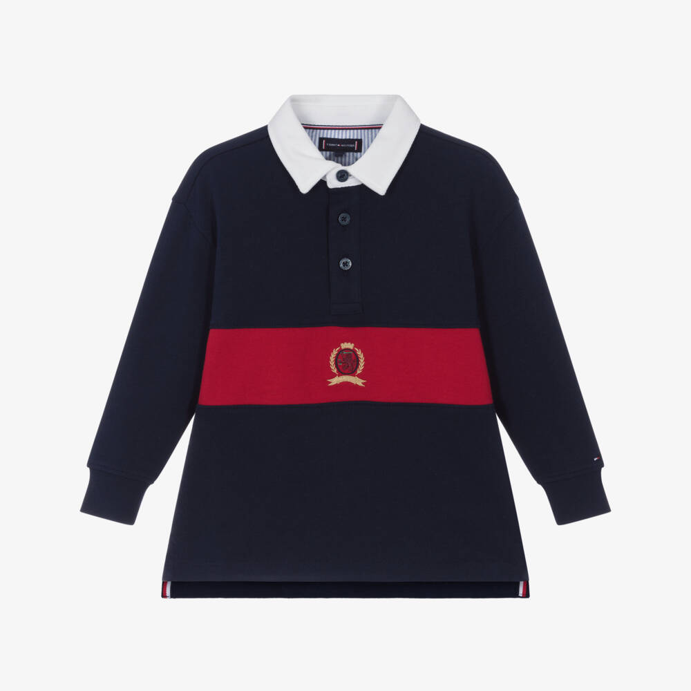 Tommy Hilfiger-Boys Navy Blue & Red Cotton Polo Shirt with Crest Logo | Childrensalon Outlet