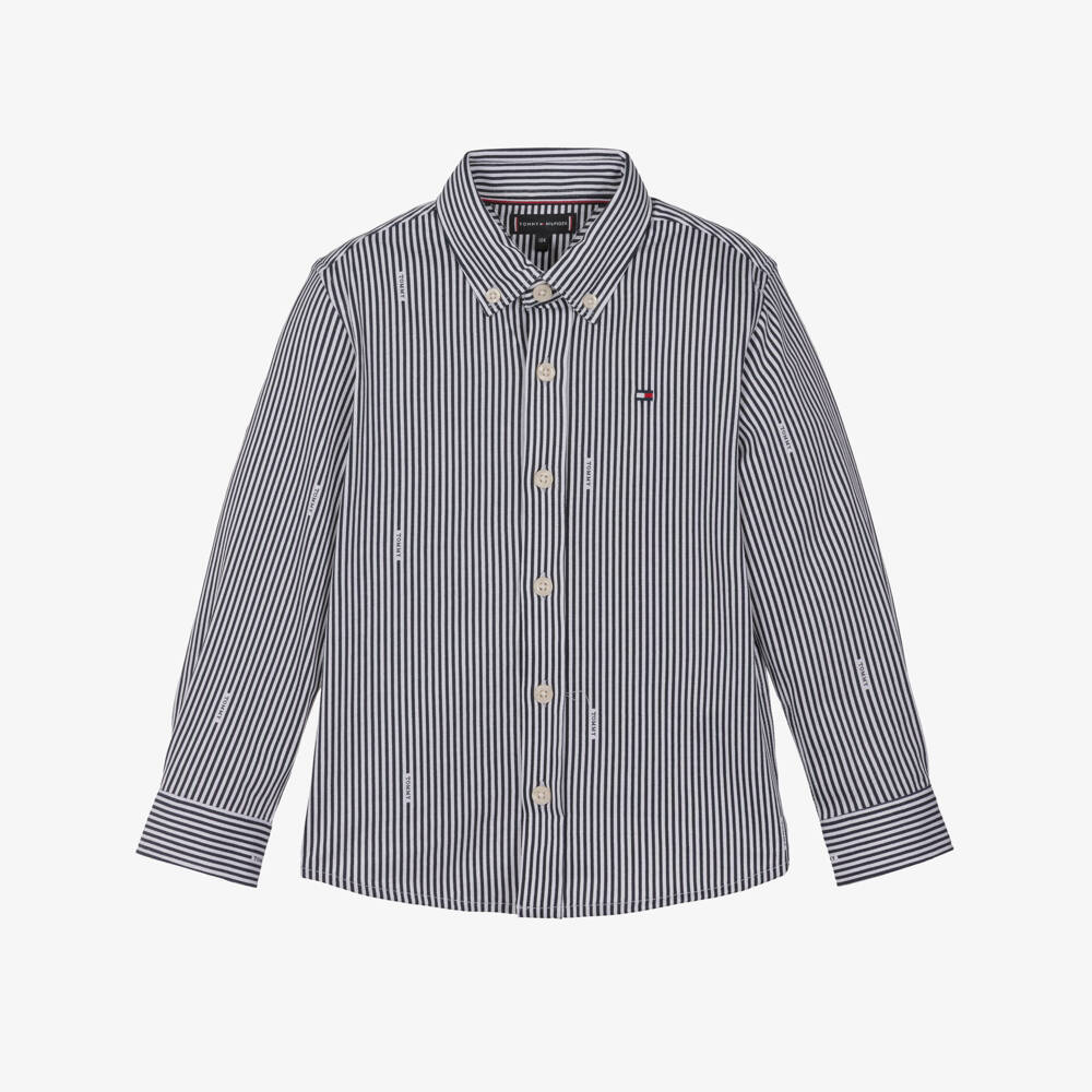 Tommy Hilfiger-Boys Navy Blue Stripe Cotton Button Down Shirt | Childrensalon Outlet