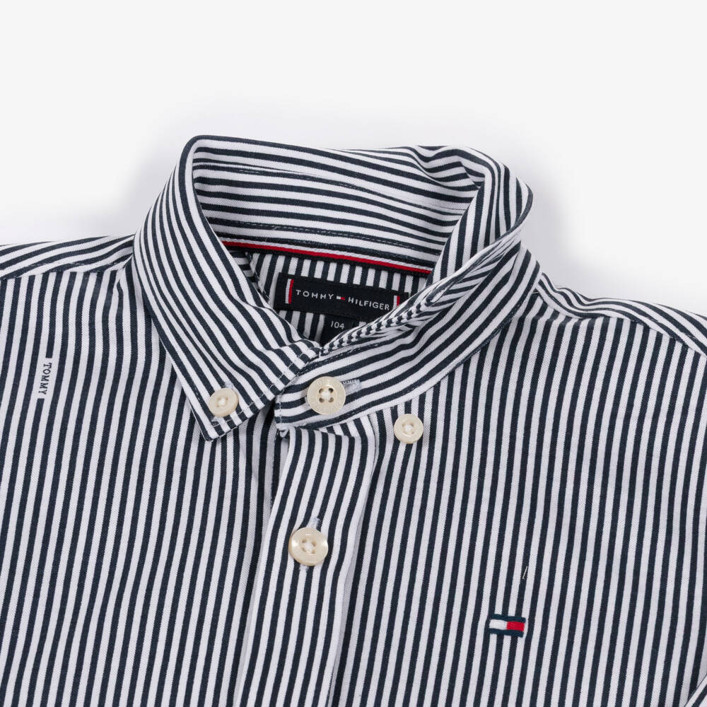 Tommy Hilfiger-Boys Navy Blue Stripe Cotton Button Down Shirt | Childrensalon Outlet