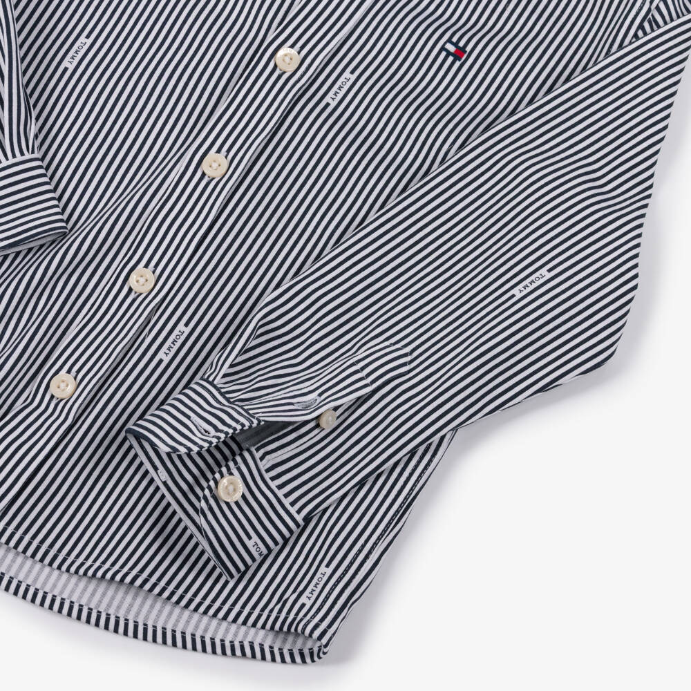 Tommy Hilfiger-Boys Navy Blue Stripe Cotton Button Down Shirt | Childrensalon Outlet