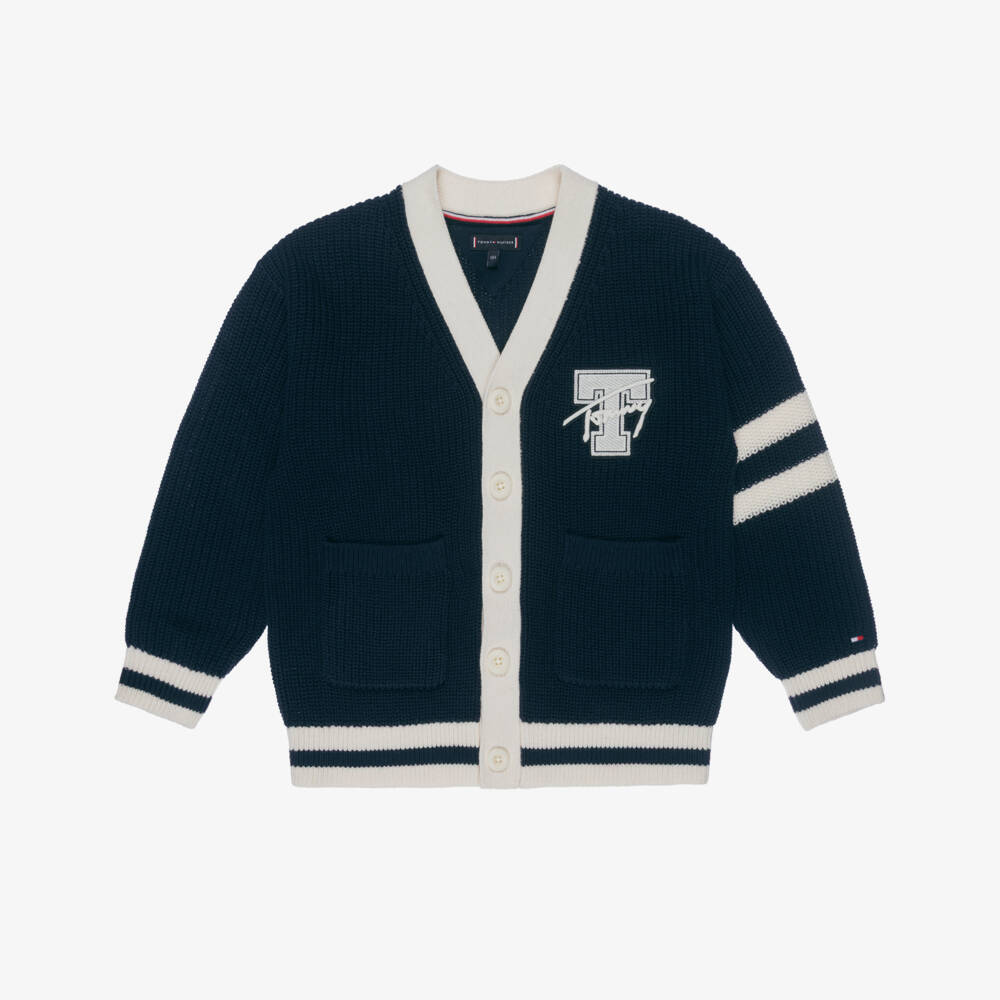 Tommy Hilfiger-Boys Navy Blue Varsity Logo Cotton Knit Cardigan | Childrensalon Outlet