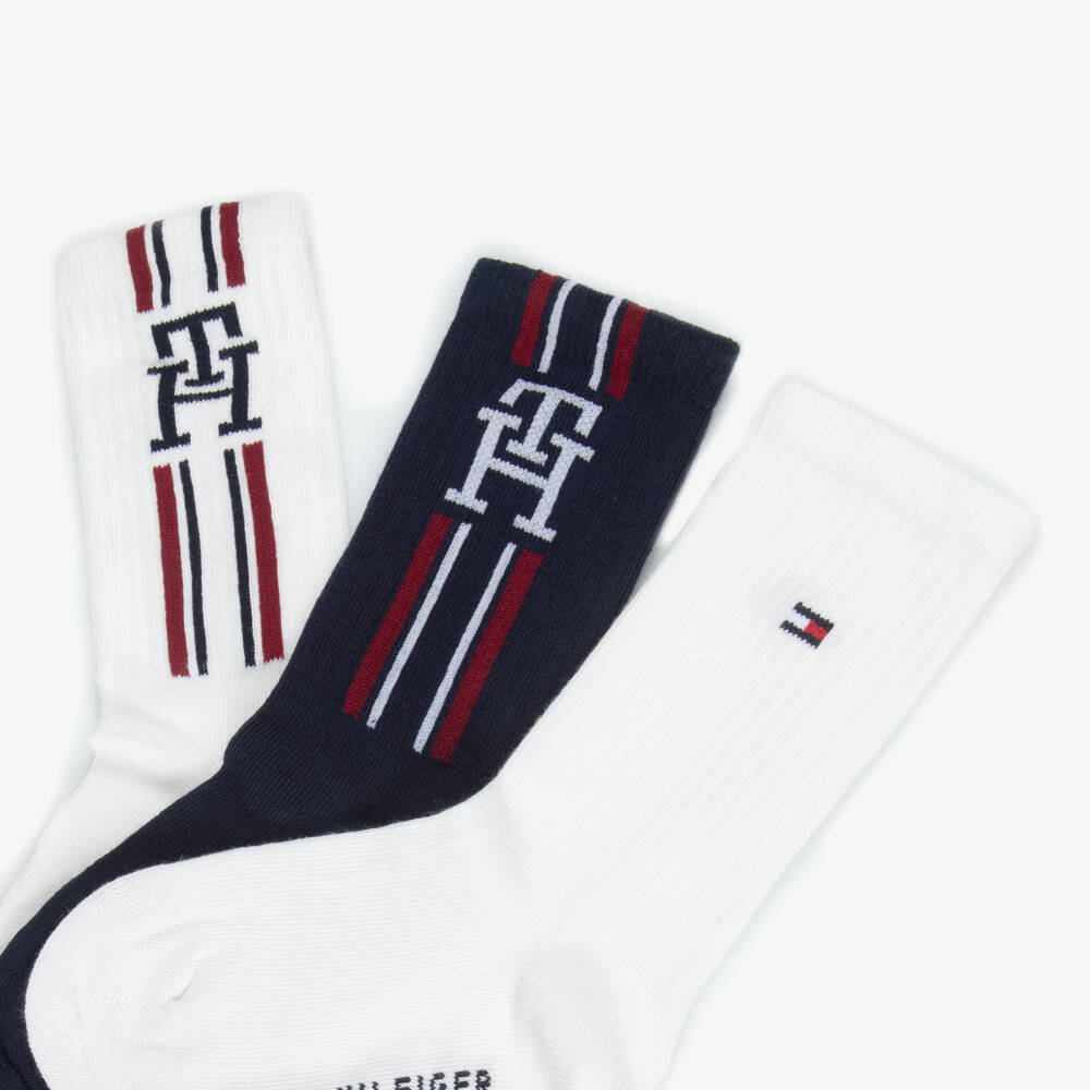 Tommy Hilfiger-Boys Navy Blue & White Logo Ankle Socks (3 Pack) | Childrensalon Outlet