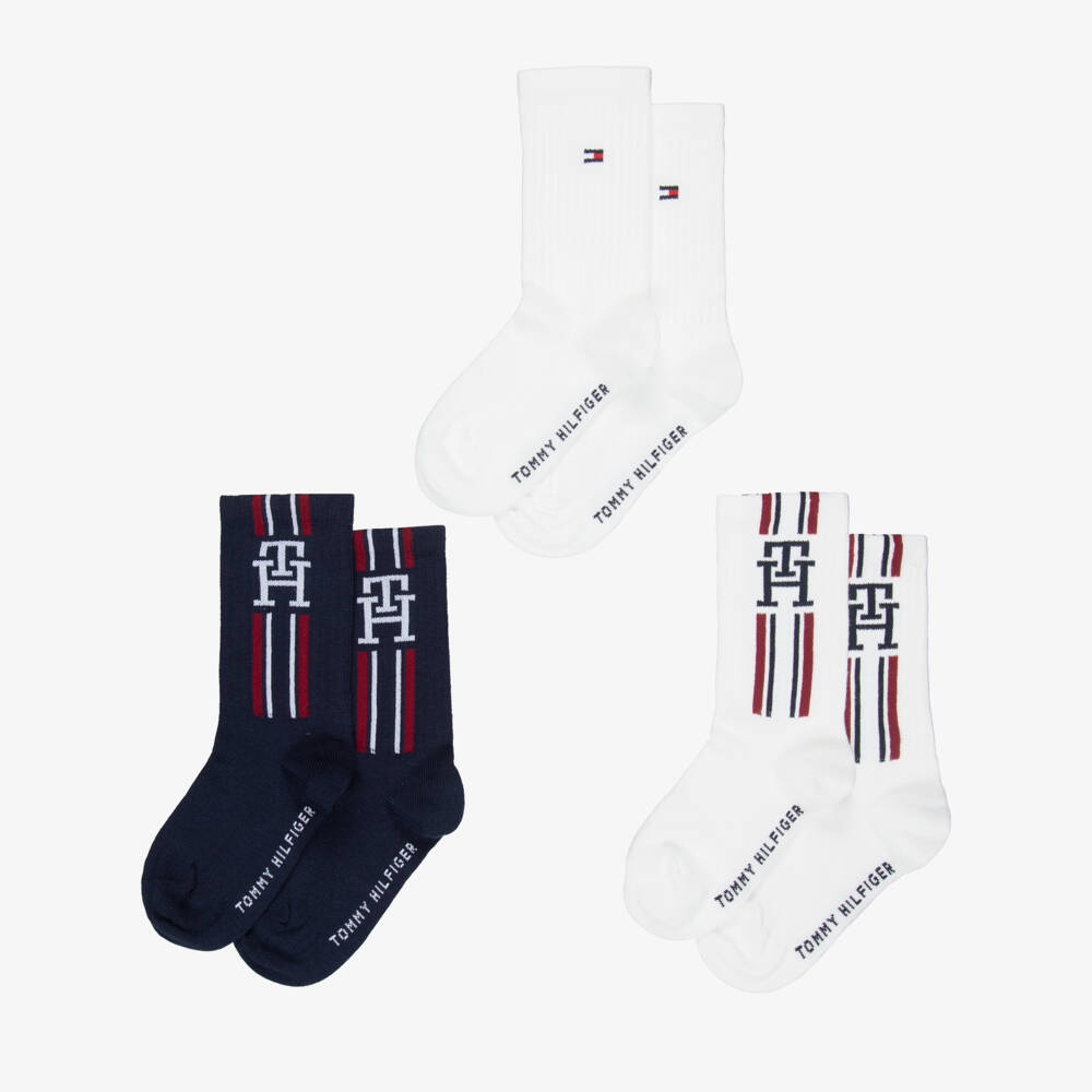 Tommy Hilfiger-Boys Navy Blue & White Logo Ankle Socks (3 Pack) | Childrensalon Outlet