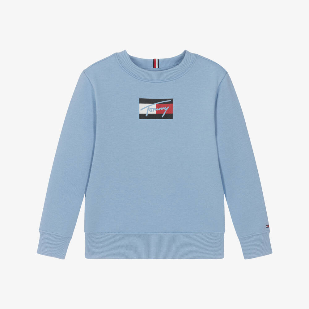 Tommy Hilfiger-Boys Sky Blue Cotton Sweatshirt with Script Flag Logo | Childrensalon Outlet