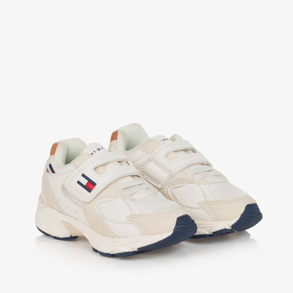 Tommy Hilfiger-Boys White & Beige Faux Leather Trainers | Childrensalon Outlet