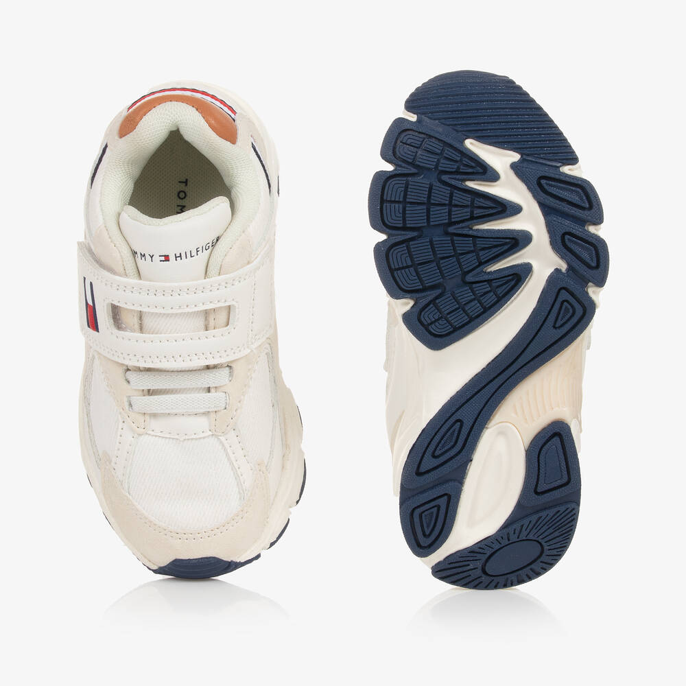 Tommy Hilfiger-Boys White & Beige Faux Leather Trainers | Childrensalon Outlet