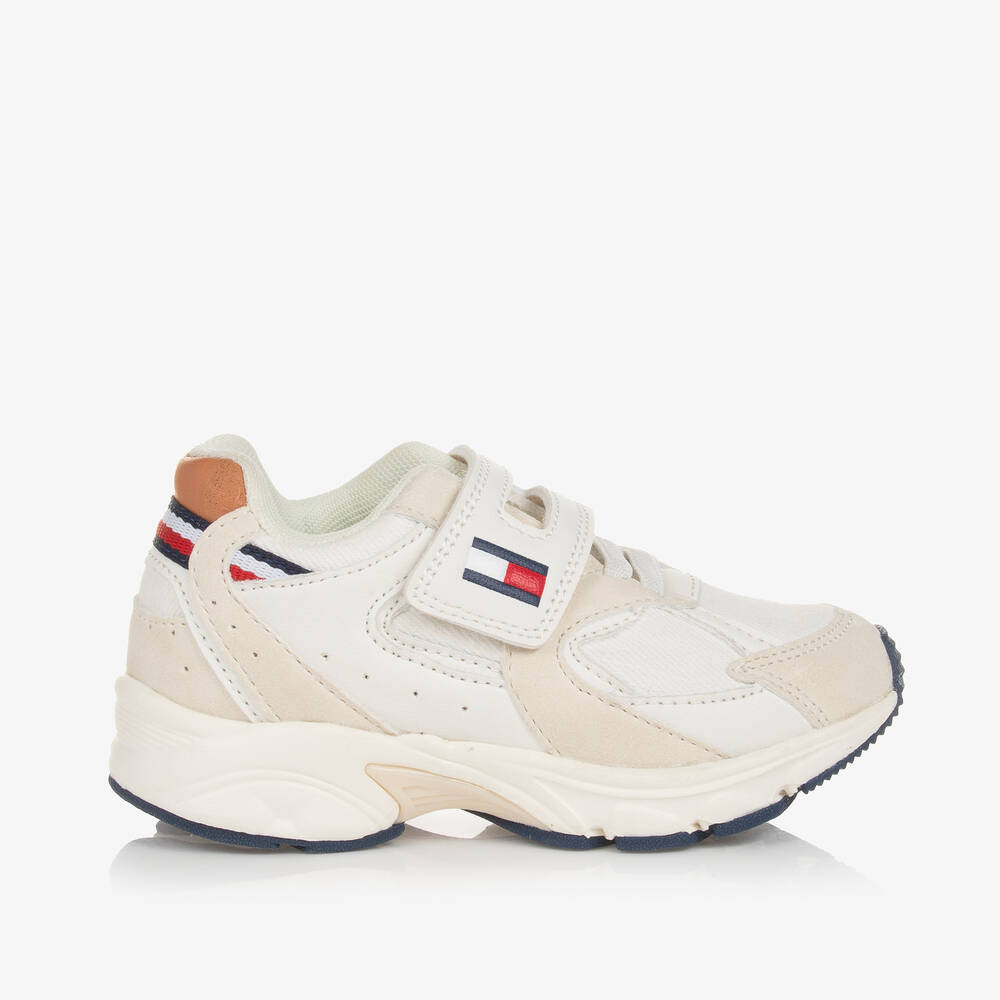 Tommy Hilfiger-Boys White & Beige Faux Leather Trainers | Childrensalon Outlet