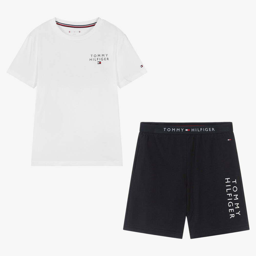 Tommy Hilfiger - Boys White & Blue Cotton Logo Short Pyjamas | Childrensalon