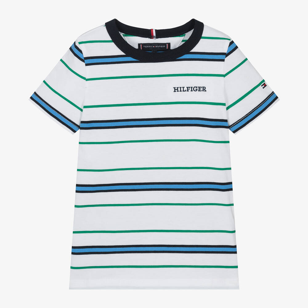 Tommy Hilfiger Boys White Blue Cotton Stripe T Shirt Childrensalon Outlet